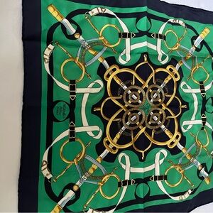 Hermes 100 % silk Green and Gold Patterned pocket square